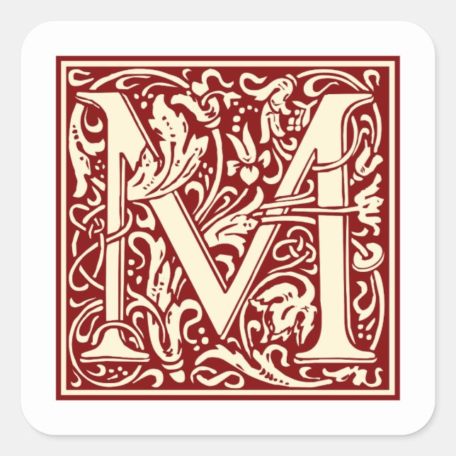 William Morris Letter M Monogram Initial Red Quadratischer Aufkleber (Vorderseite)