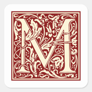 William Morris Letter M Monogram Initial Red Quadratischer Aufkleber