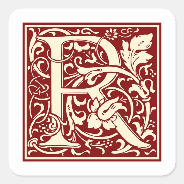 William Morris Letter R Monogram Initial Red Quadratischer Aufkleber (Vorderseite)
