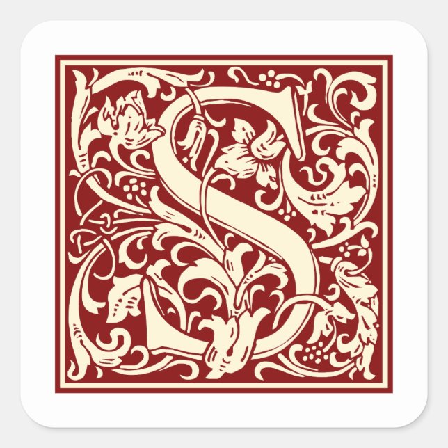 William Morris Letter S Monogram Initial Red Quadratischer Aufkleber (Vorderseite)