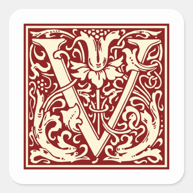 William Morris Letter V Monogram Initial Red Quadratischer Aufkleber (Vorderseite)