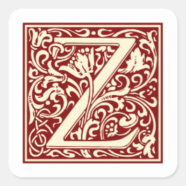 William Morris Letter Z Monogram Initial Red Quadratischer Aufkleber