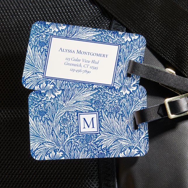 William Morris Marigold Blue Monogram Gepäckanhänger (elegant vintage William Morris luggage tag floral Marigold pattern blue white monogram initial)