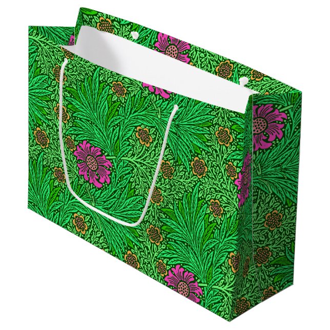 William Morris Marigold, Emerald Green & Fuchsia Große Geschenktüte (Vorderseite Schrägansicht)