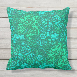William Morris-Meerespflanze mit Blumen, Türkis Kissen