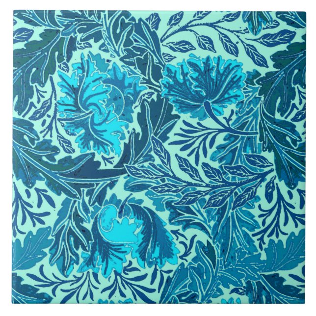 William Morris mit Blumen, Indigo-Blau und Türkis Fliese (Vorderseite)