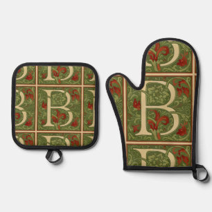 William Morris Monogramm Buchstabe B Floral Rot Gr Ofenhandschuh & Topflappen-Set