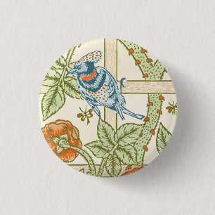 William Morris nahtloses Gitter-Rosen-Vogel-Muster Button