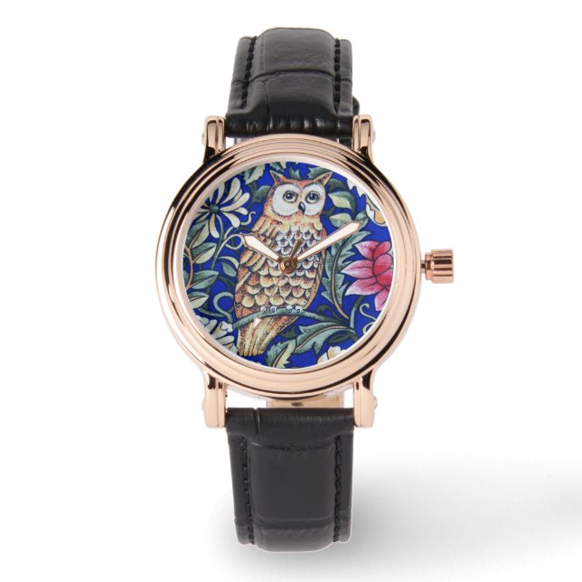 William Morris Owl Tapestry, Beige und Cobalt Blue Armbanduhr (Vorderseite)