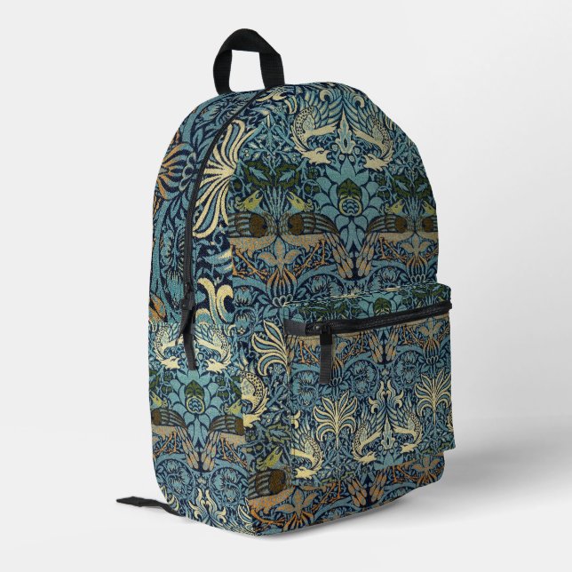 William Morris Pfau und Drache Webdesign Bedruckter Rucksack (Rückseitige Ecke links)