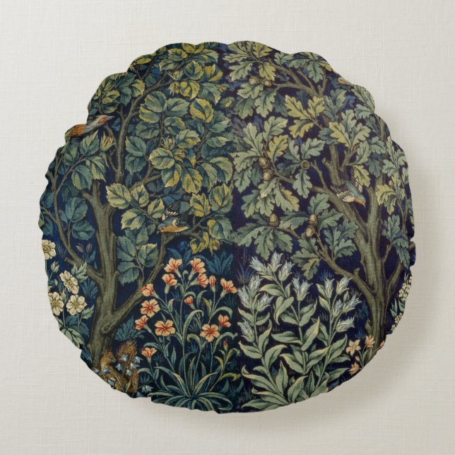 William Morris Pheasant Bird Tree Woodland Rundes Kissen (Vorderseite)