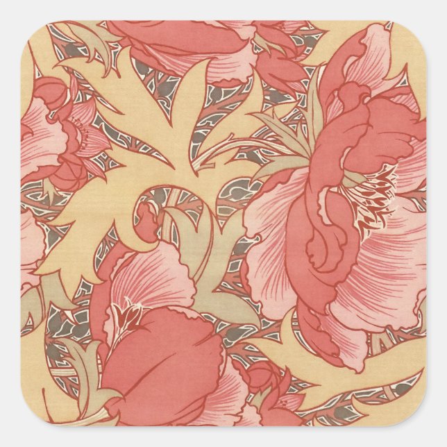 William Morris Poppies Floral Quadratischer Aufkleber (Vorderseite)