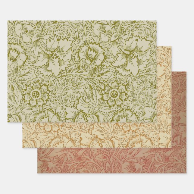William Morris Poppy Classic Floral Green Geschenkpapier Set (Set)