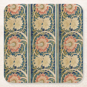 William Morris Rosa Florale Seidenstickerei Antik Rechteckiger Pappuntersetzer
