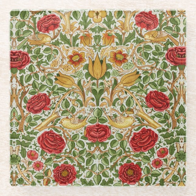 William Morris Rose & Birds Chintz Red Glasuntersetzer (Vorderseite)