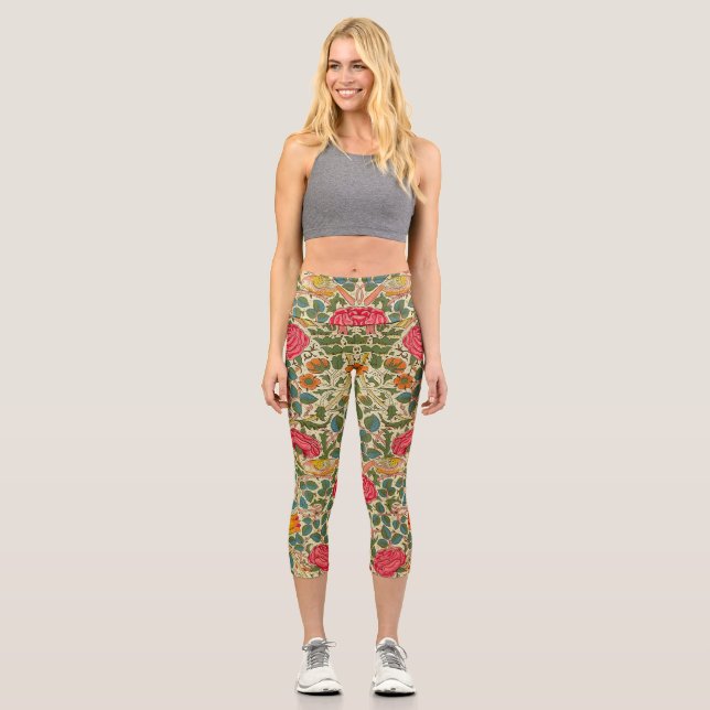 William Morris Rose Floral Chintz Pink Capri Leggings (Vorderseite)
