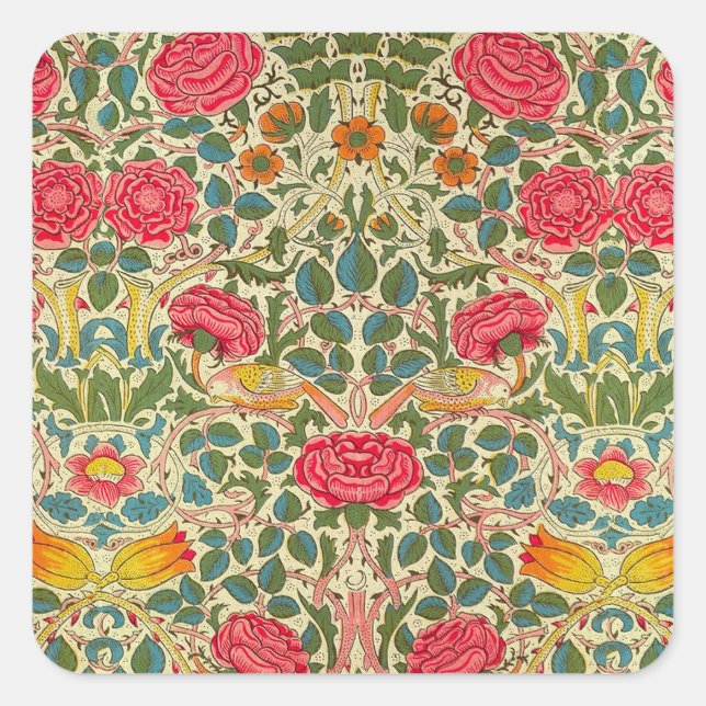 William Morris Rose Floral Chintz Pink Quadratischer Aufkleber (Vorderseite)