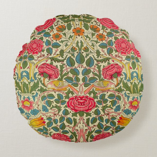 William Morris Rose Floral Chintz Pink Rundes Kissen (Vorderseite)