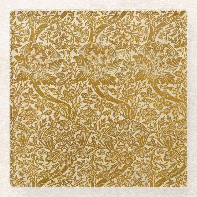 William Morris Rose & Thistle Floral Golden Glasuntersetzer (Vorderseite)