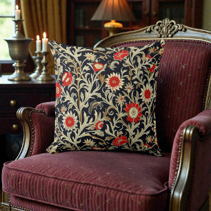 William Morris Rot Gold auf schwarzem Blumenmuster Kissen