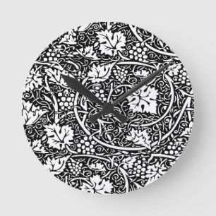 William Morris Schwarz-Weiß-Reben-Muster Runde Wanduhr