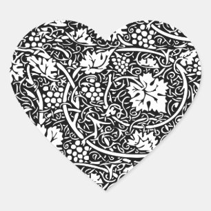 William Morris Schwarz-weißer Weintraum Herz-Aufkleber