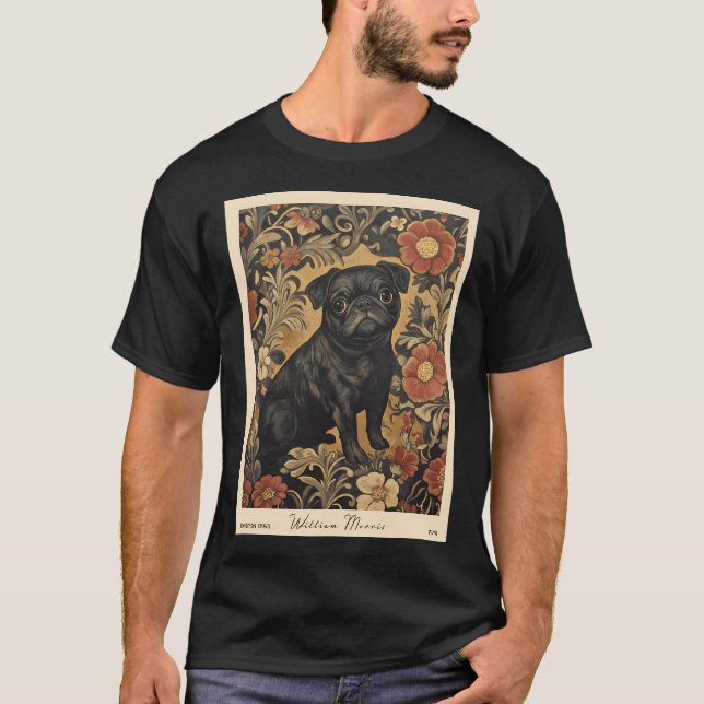 William Morris Schwarzer Mops Blumenmuster T-Shirt (Vorderseite)