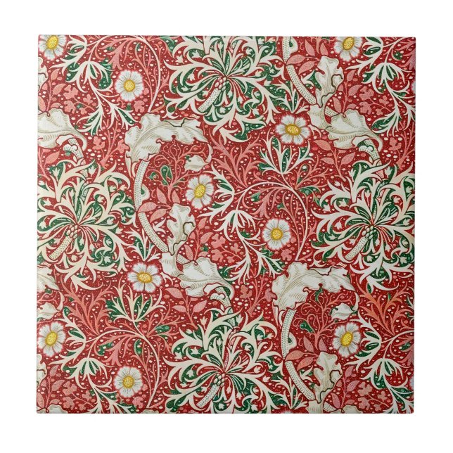 William Morris Seaweed Antike Blume Rot Grün Fliese (Vorderseite)