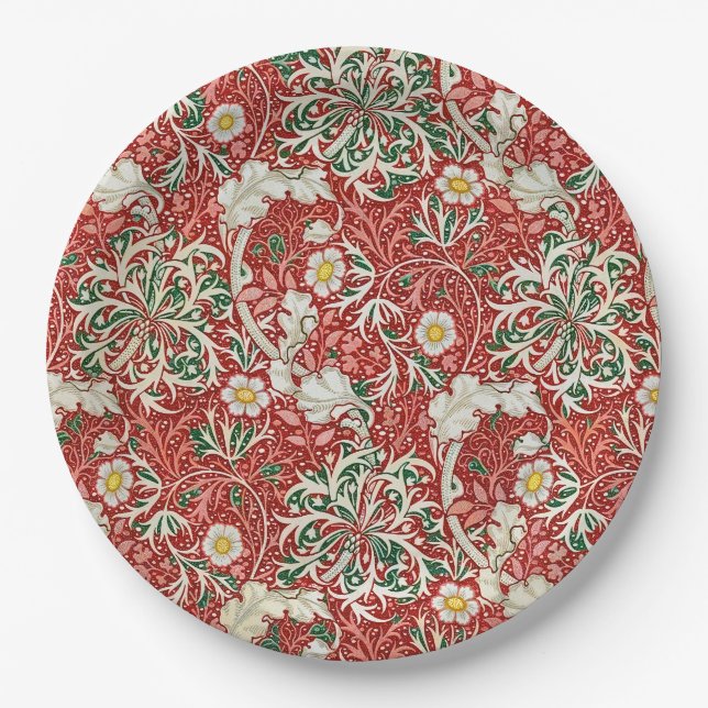 William Morris Seaweed Antike Blume Rot Grün Pappteller (Vorderseite)