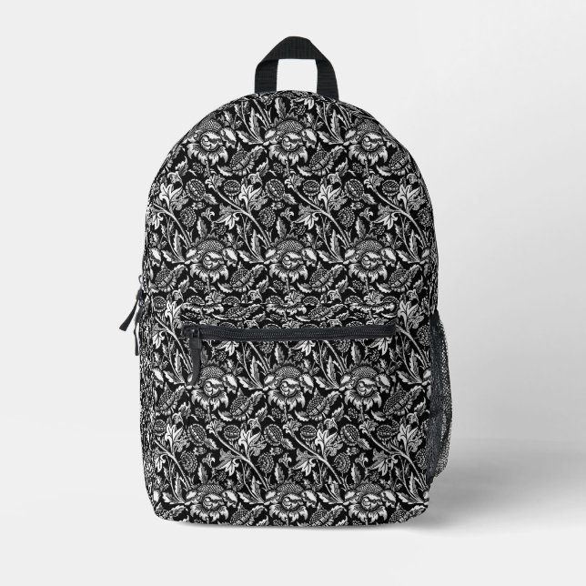 William Morris Sonnenblumen, schwarz, weiß und gra Bedruckter Rucksack (Vorderseite)