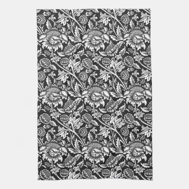 William Morris Sonnenblumen, schwarz, weiß und gra Geschirrtuch (Vertikal)
