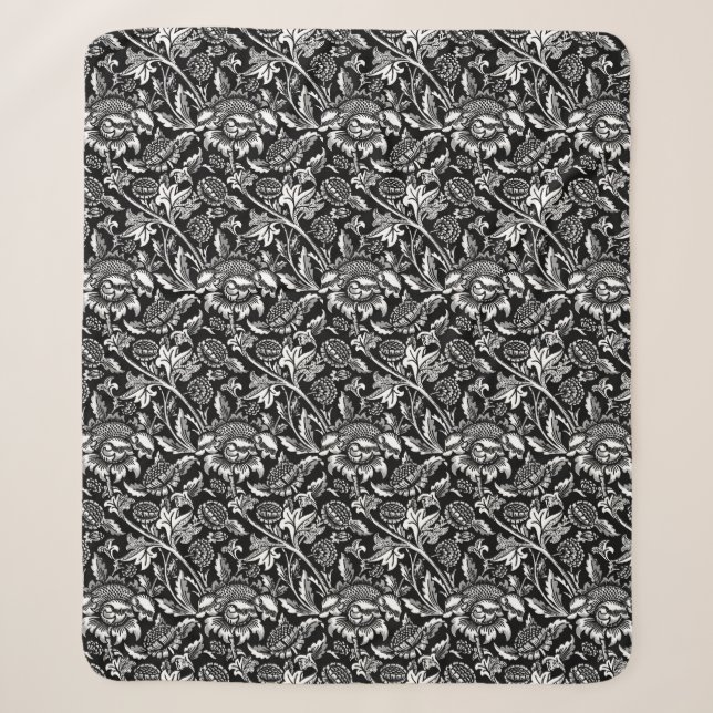 William Morris Sonnenblumen, schwarz, weiß und gra Sherpadecke (Vorderseite)