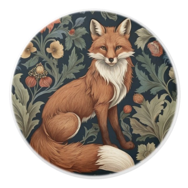 William Morris Stil Floral Right Facing Fox Keramikknauf (Vorderseite)