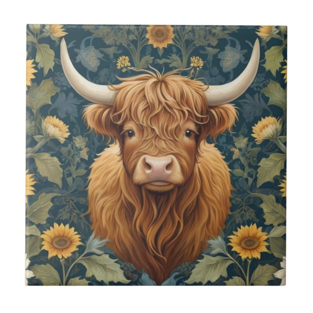William Morris Stil Highland Cow Yellow Sunflower Fliese (Vorderseite)