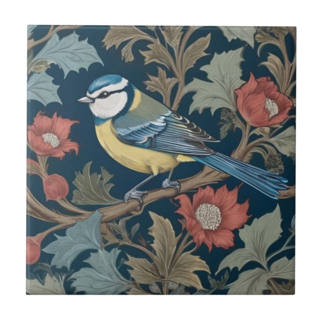 William Morris Stil Links gegenüber Bird Blue Tit Fliese (Vorderseite)