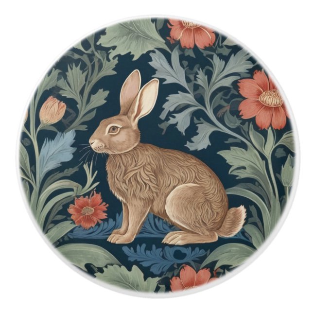 William Morris-Stil Rabbit Links gegenüber Floral Keramikknauf (Vorderseite)