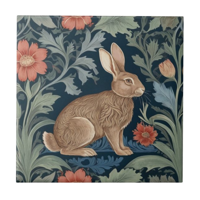 William Morris Stil Rabbit Right Facing Floral Fliese (Vorderseite)