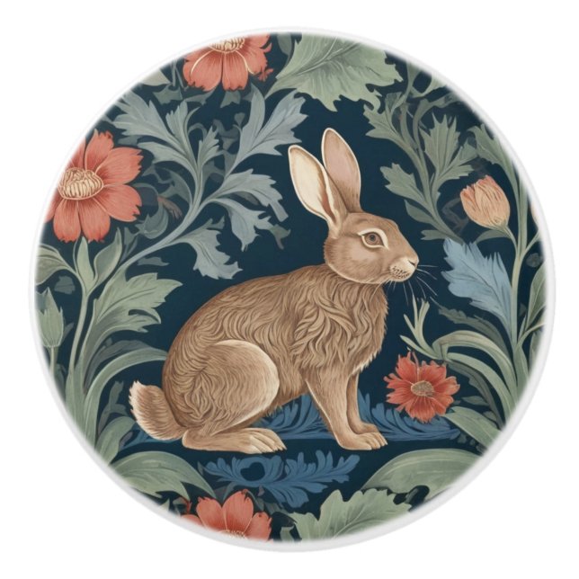 William Morris Stil Rabbit Right Facing Floral Keramikknauf (Vorderseite)