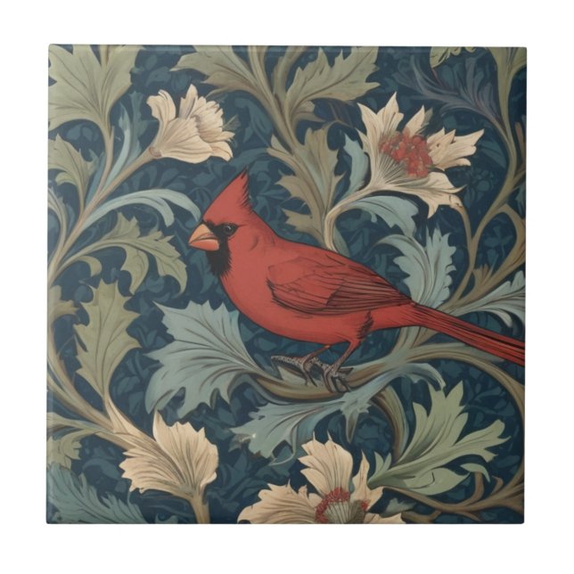 William Morris-Stil Red Kardinal Bird links gegenü Fliese (Vorderseite)