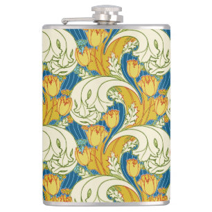 William Morris Stil Türkis & Gold Tulpen Blumen Ku Flachmann