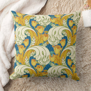 William Morris Stil Türkis & Gold Tulpen Blumen Ku Kissen