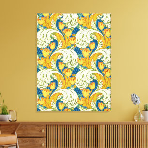 William Morris Stil Türkis & Gold Tulpen Blumen Ku Leinwanddruck