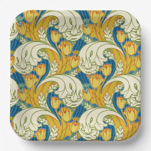 William Morris Stil Türkis & Gold Tulpen Blumen Ku Pappteller