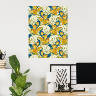 William Morris Stil Türkis & Gold Tulpen Blumen Ku Poster