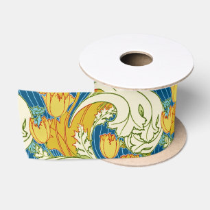 William Morris Stil Türkis & Gold Tulpen Blumen Ku Satinband