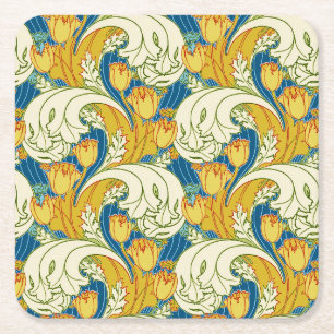 William Morris Stil Türkis & Gold Tulpen Blumenkun Rechteckiger Pappuntersetzer