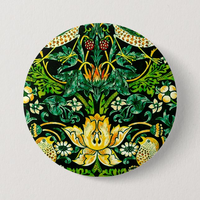 William Morris Strawberry Thief Grün und Orange Button (Vorderseite)