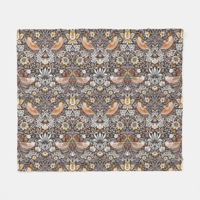 William Morris Strawberry Thief Holzkohle-Ocker Fleecedecke (Vorderseite (Horizontal))