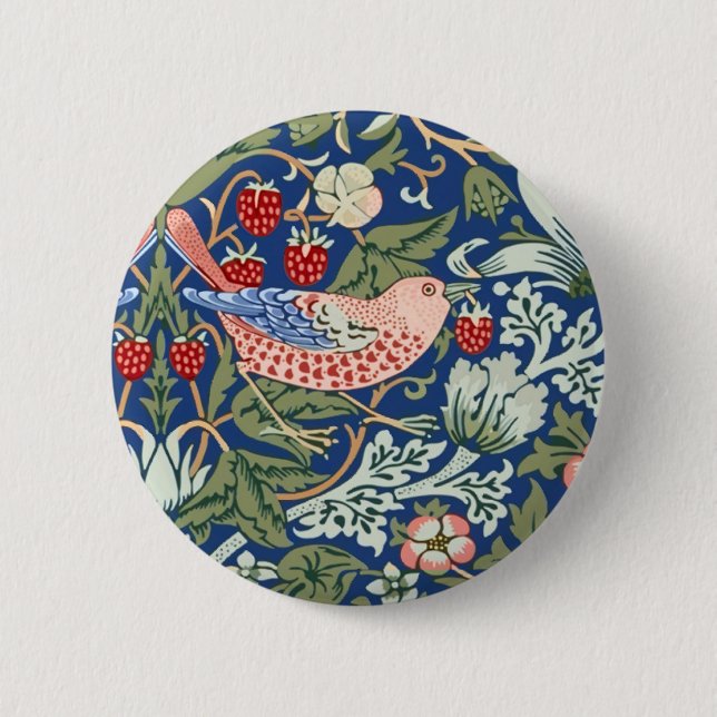 William Morris Strawberry Thief Navy Koralle Button (Vorderseite)