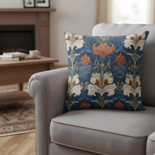 William Morris Style Coussin Bleu Orange Floral